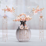 FORSEVEN Chinese Hair Accessories Women Flower Pearls Hairpins Long Tassel Headpieces Sticks Hair Comb Bridal Jewelry Sets