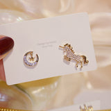 Korean Fasion Creative Asymmetry Unicorn Women Earrings AAA Bling Zircon Moon Star Stud Earring Wedding Jewelry for Bridal