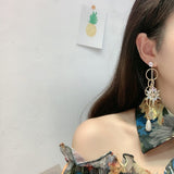 New Korean shiny Crystal flowers Trendy Women Drop Earrings senior long geometric metal circular fine pearl Earrings