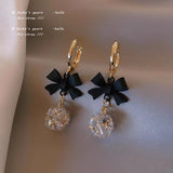Mtcytea Elegant Lady Black Bow Zircon Ball Pendant Ear Button Korean Fashion Earrings For Woman Girls Party Jewelry Gift Accessories