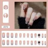 Mtcytea 24PCS Glitter Press On Nails Korean Style Heart Rhinestone Design Coffin Fake Nails Full Cover Acrylic Nails Tips for girls Gift