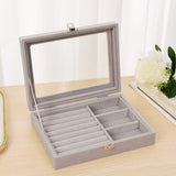 Velvet Gray Carrying Case with Glass Cover Jewelry Ring Display Box Tray Holder Storage Box Organizer Earrings Ring Bracelet