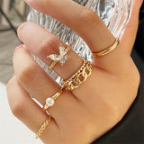 Bohemian Wave Flower Rings Set For Women Vintage Geometric Pearl Butterfly Metal Chain Knuckle Rings Trendy Jewelry Gift