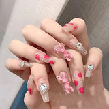 Mtcytea 24pcs Kawaii Press on Nails y2k False Nails Set Rhinestone Acrylic Artificial Nails with Design Reusable french Long Fake Tips