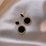 Vintage Fashion Black Crystal Round Pendant Earrings For Women Korean Jewelry Wedding Party Girls Luxury Zircon Drop Earrings