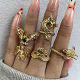 Bohemian Gold Color Chain Rings Set For Women Fashion Boho Moon Heart Butterfly Zircon Rings Party Trend Jewelry Gift