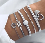 4pcs/Set Bohemian Stone beads chains bracelets Set For Women Metal Heart Round Tassel charm Bangle Fashion Jewelry