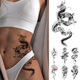 Waterproof Temporary Tattoo Sticker Black Dragon Snake Peony Rose Totem Flash Tatto Women Men Dark Sexy Waist Arm Fake Tattoos