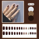 Mtcytea  24Pcs Fashion Short Round Head Fake press on Nail Cute MilkTea Color Shiny Gold Foil Blooming Gradient artificial nail with glue