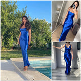 Mtcytea  MO Sexy Spaghetti Strap Backless Summer Dress Women Satin Lace Up Trumpet Long Dress Elegant Bodycon Party Dresses