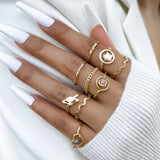 Mtcytea Punk Rings Set For Women Boho Knuckle Pearl Heart Ring Female Bohemian Flower Metal Joint Ring Jewelry Accessories 10PCS