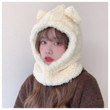 Cartoon Bear Ear Lamb Beanie Hat With Mask Warm Balaclava Winter Thickened Ear Protection Autumn Skullies Beanies for Women Girl