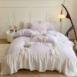 Korean Princess Lace Bow Bedding Set Beauty Solid Color Lace Ruffle Quilt Cover Luxury Girls Wedding Home Textiles