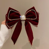 Korean Velvet Bow Hair Pins Fabric Rhinestone Pearl Hair Clips for Women Luxulry Jewelry Spring Clip Gils Hair Accessories