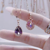 Korean Fashion Tulip Pink Crystal Pendant Necklace for Women Fashion Jewelry Golden Necklace Luxury Classic Amethyst Necklace