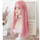 Long straight hair wig synthetic pink bangs Cosplay wig ladies synthetic bangs wig