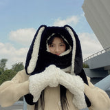 Mtcytea 3 Piece Cap Scarf Oversize Rabbit Ear Thickened Bunny Cap Winter Warm Imitation Fur Plush  All-in-one Hat Pocket Hats Hooded