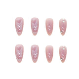 Mtcytea 24Pcs Pink Heart Pattern False Nail with Diamond Decor Oval Pointed Head Fake Nail Full Finished Press on Nails for Women Girls