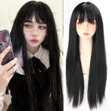 Synthetic Long straight hair black comic bangs girl wig natural bangs cosplay Lolita party Heat-resistant wig