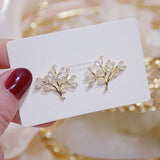 Ins Hot Sale Fashion Transparent Crystal Tree Leaf Earring for Girl 14K Real Gold AAA Zirconia Stud Earring Bijoux Pendant Gift