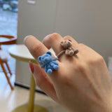 Flocking Bears Finger Ring Open Adjustable Sweet Cute Bear Rings Cartoon Index Ring Handmade Plush Bear Bowknot Jewelry Gift