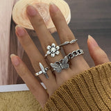 Bohemian Gold Color Chain Rings Set For Women Fashion Boho Moon Heart Butterfly Zircon Rings Party Trend Jewelry Gift