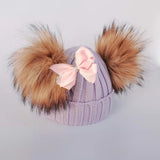 Mtcytea kids winter toddler baby kids faux fur butterfly ribbon tie hat cap beanie with 2 two double pom poms scarf ears hat for girl