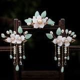 FORSEVEN Chinese Hair Accessories Women Flower Pearls Hairpins Long Tassel Headpieces Sticks Hair Comb Bridal Jewelry Sets