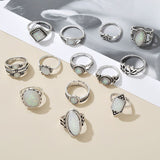 Mtcytea Bohemian Opal Stone Rings Sets For Women Antique Silver Color Carving Knuckle Ring Female Fashion Jewelry