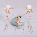 FORSEVEN Chinese Hair Accessories Women Flower Pearls Hairpins Long Tassel Headpieces Sticks Hair Comb Bridal Jewelry Sets