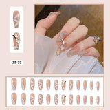 Mtcytea  24pcs Artificial Diamond Elegant Flesh-colored Nail Art With Bowknot Fake Nails Long False Nails With Glue With Wearing Tools
