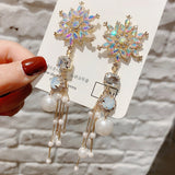 Korean Fashion Asymmetry Snowflake Crystal Drop Earrings For Women Long Pearl Tassel Pendientes Jewelry Gifts