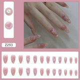 Mtcytea 24Pcs Pink Heart Pattern False Nail with Diamond Decor Oval Pointed Head Fake Nail Full Finished Press on Nails for Women Girls