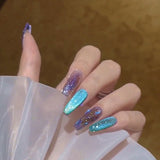 Mtcytea 24pcs Shiny Crystal Ballerina Press on Nail Cat Eye False Nail Patch Full Finished Purple Blue Glitter Wearable Manicure Tips